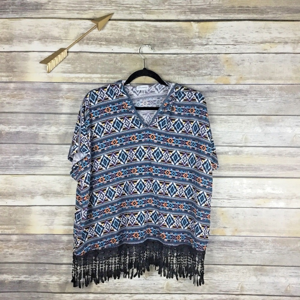 Olsenboye Southwest Print Hooded Fringe Poncho Top